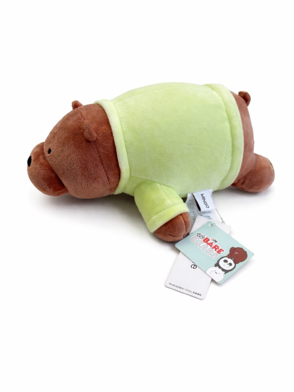 MINISO We Bare Bears Grizzly Plush Lying‎ Brown Bear Lime Green Sweater 12” NWT